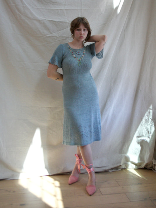 1940s Embroidered Floral  Pewter Rayon Knit Dress