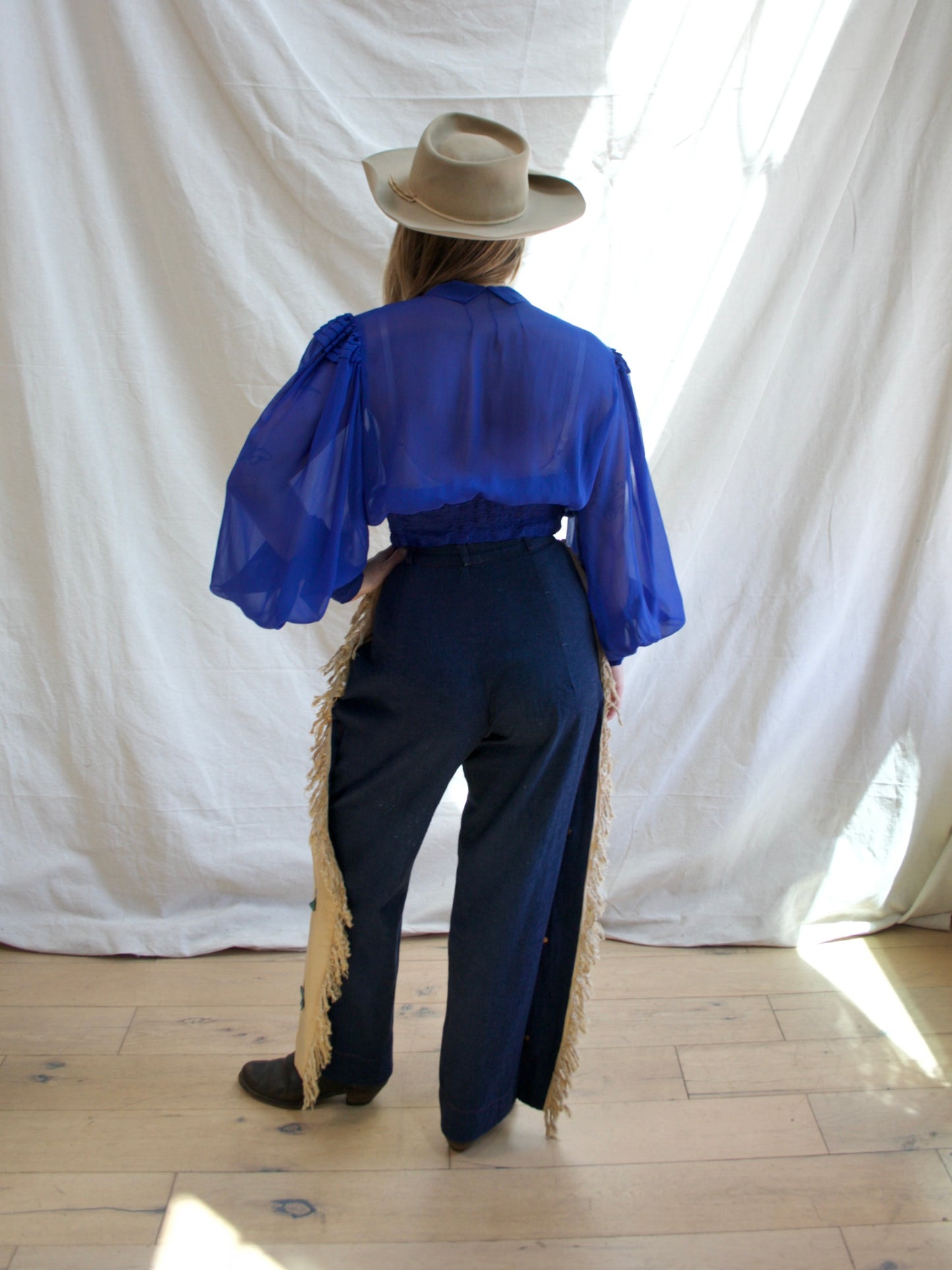 RARE 1940s Western Side Button Two Tone Built-in Chaps Fringe Denim