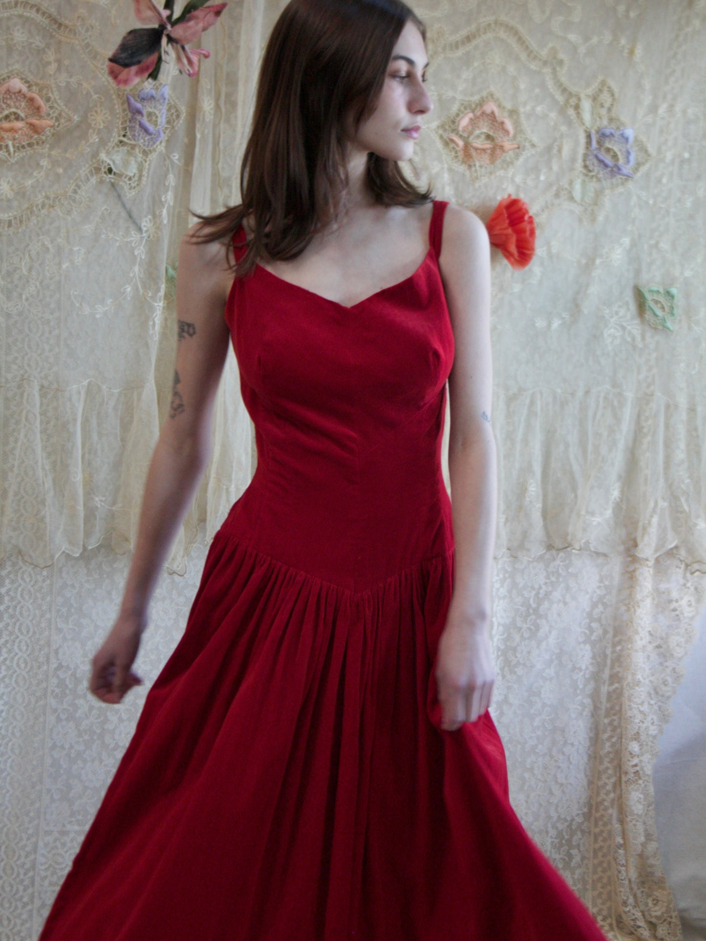 1950s Sweetheart Crimson Velveteen Basque Waist Dress