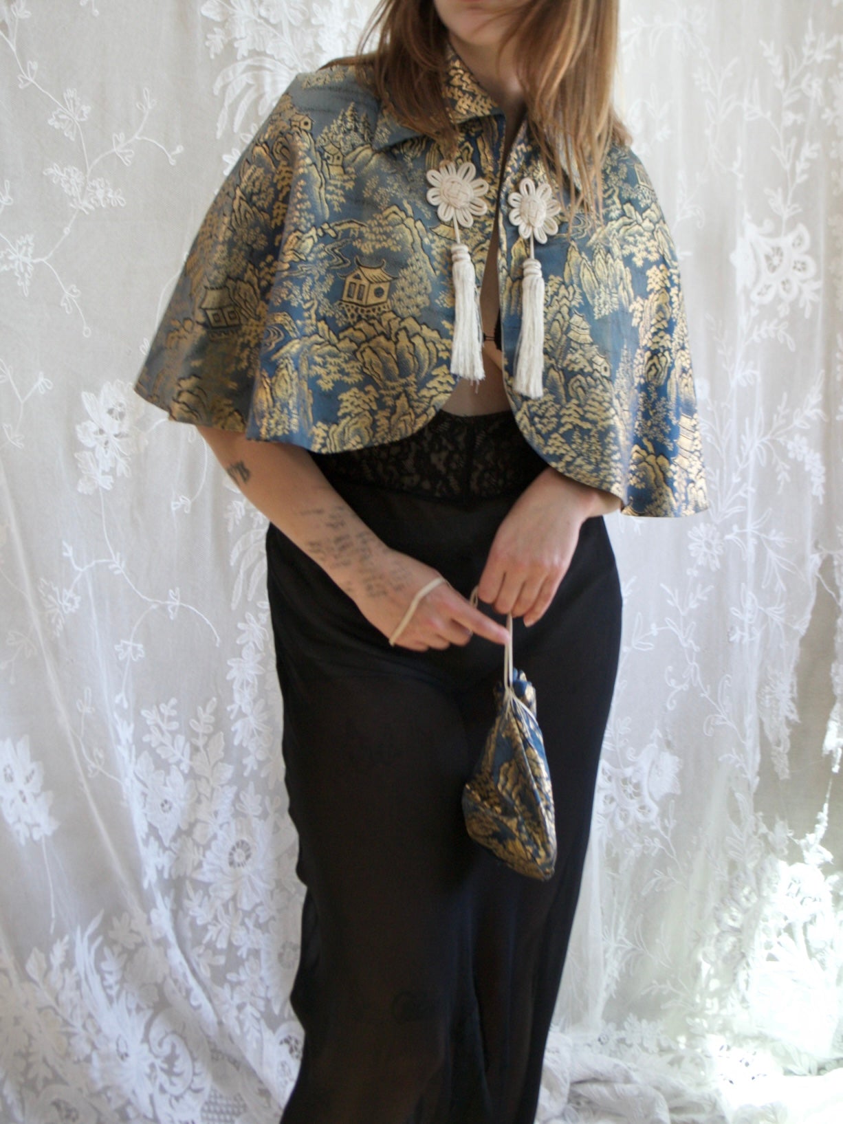 1940s Silk Satin Damask Capelet + Matching Purse