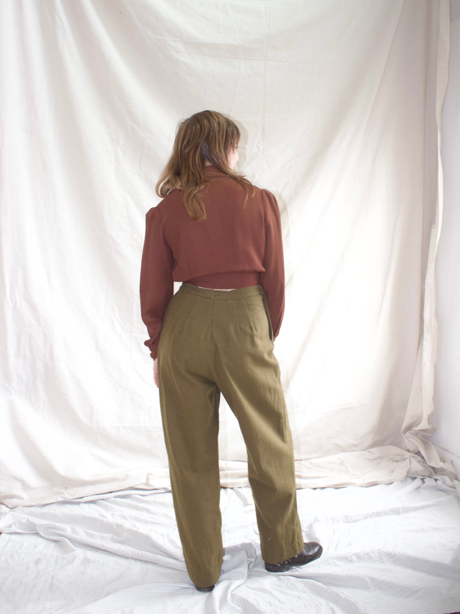 1940s Pleated Side Button Army Wool Trousers