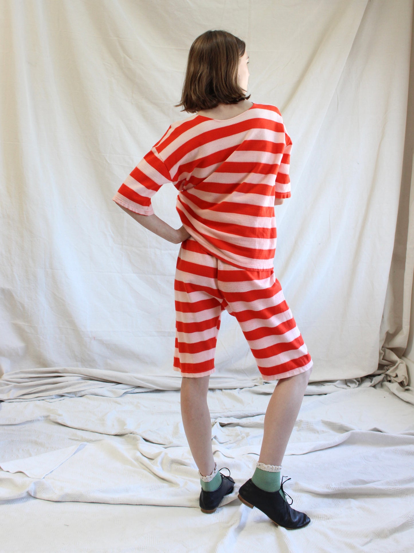Antique 1930s Two Piece Striped Cotton Knit Bathing/ Play Suit