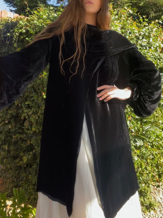 1920s Asymmetrical Collar Noir Silk Velvet Coat