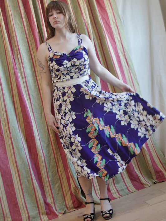 1940s Vibrant Cold Rayon Hawaiiana Ruched Mid Length Dress