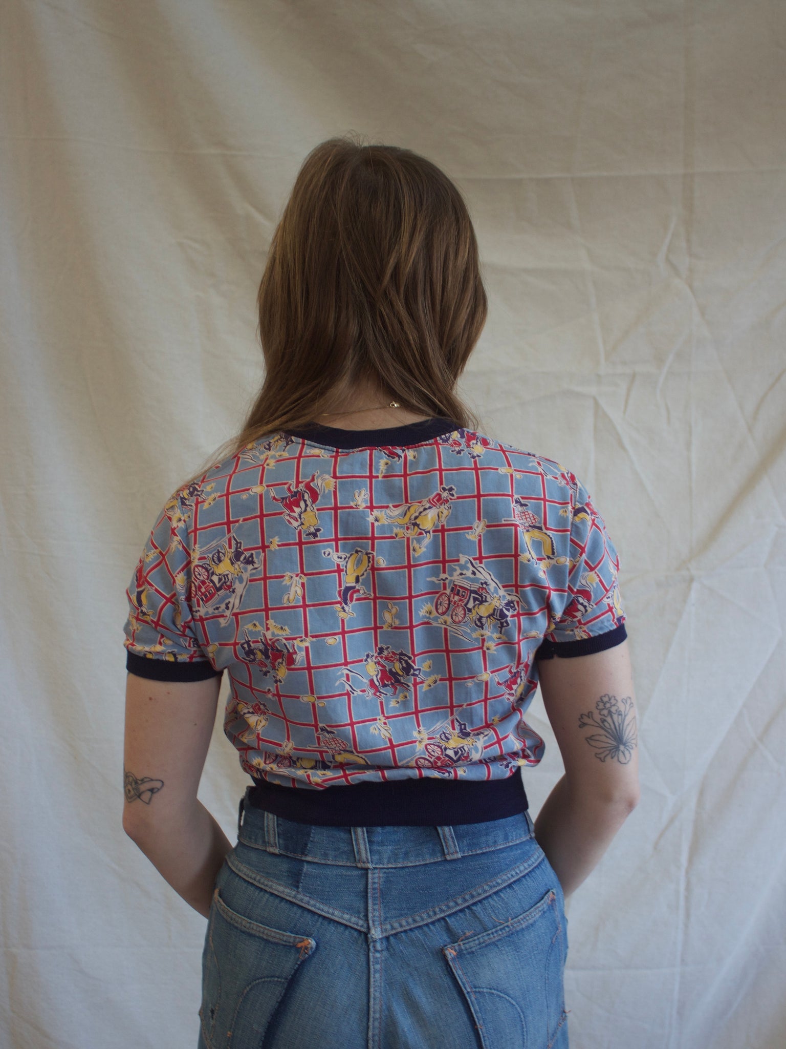 1950s Jim Penney Cowboy Print Cotton Cropped Blouse