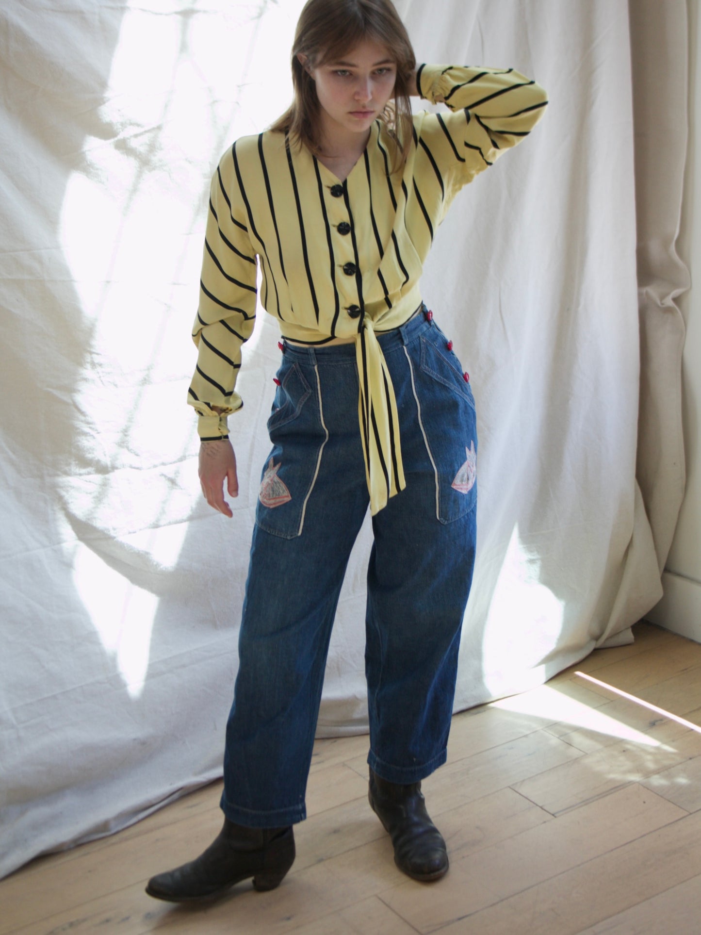 1940s Sriped Jersey Dolman Sleeve Tie Waist Blouse