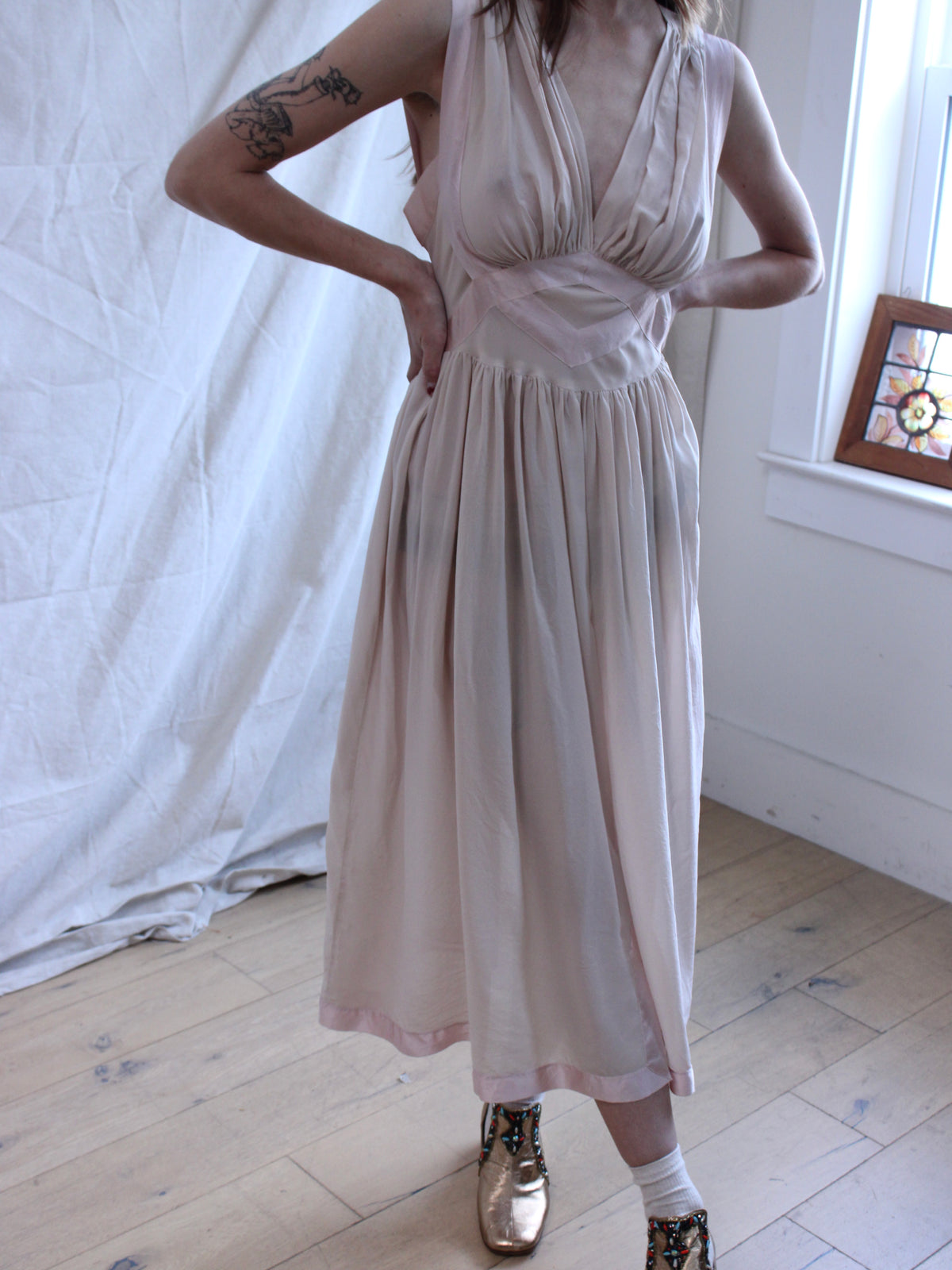 1940s Silk Fischer Two Tone Ruched Lingerie Gown