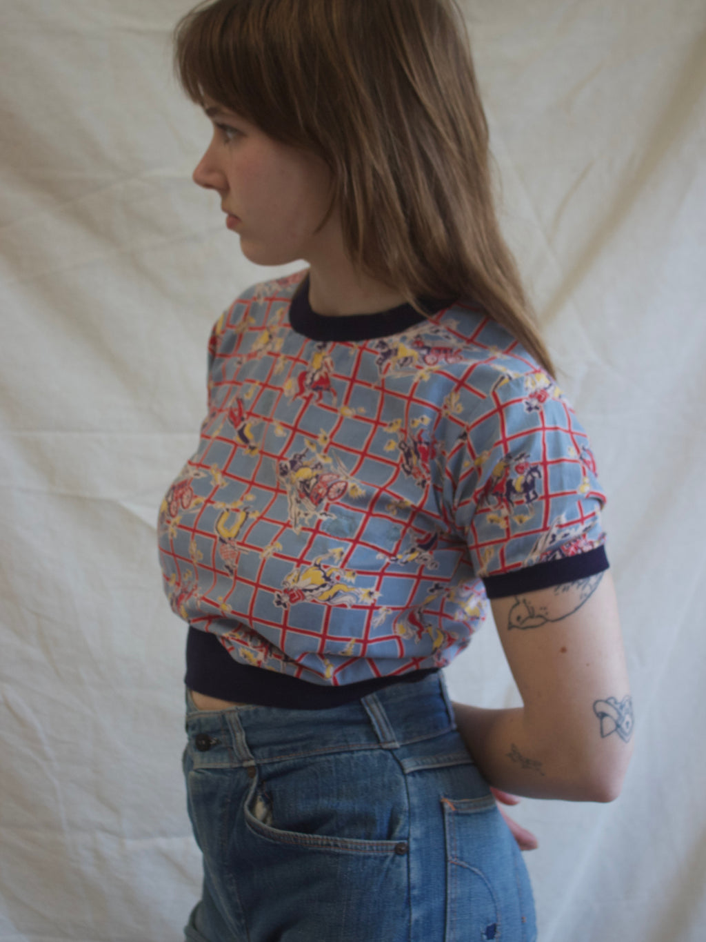 1950s Jim Penney Cowboy Print Cotton Cropped Blouse