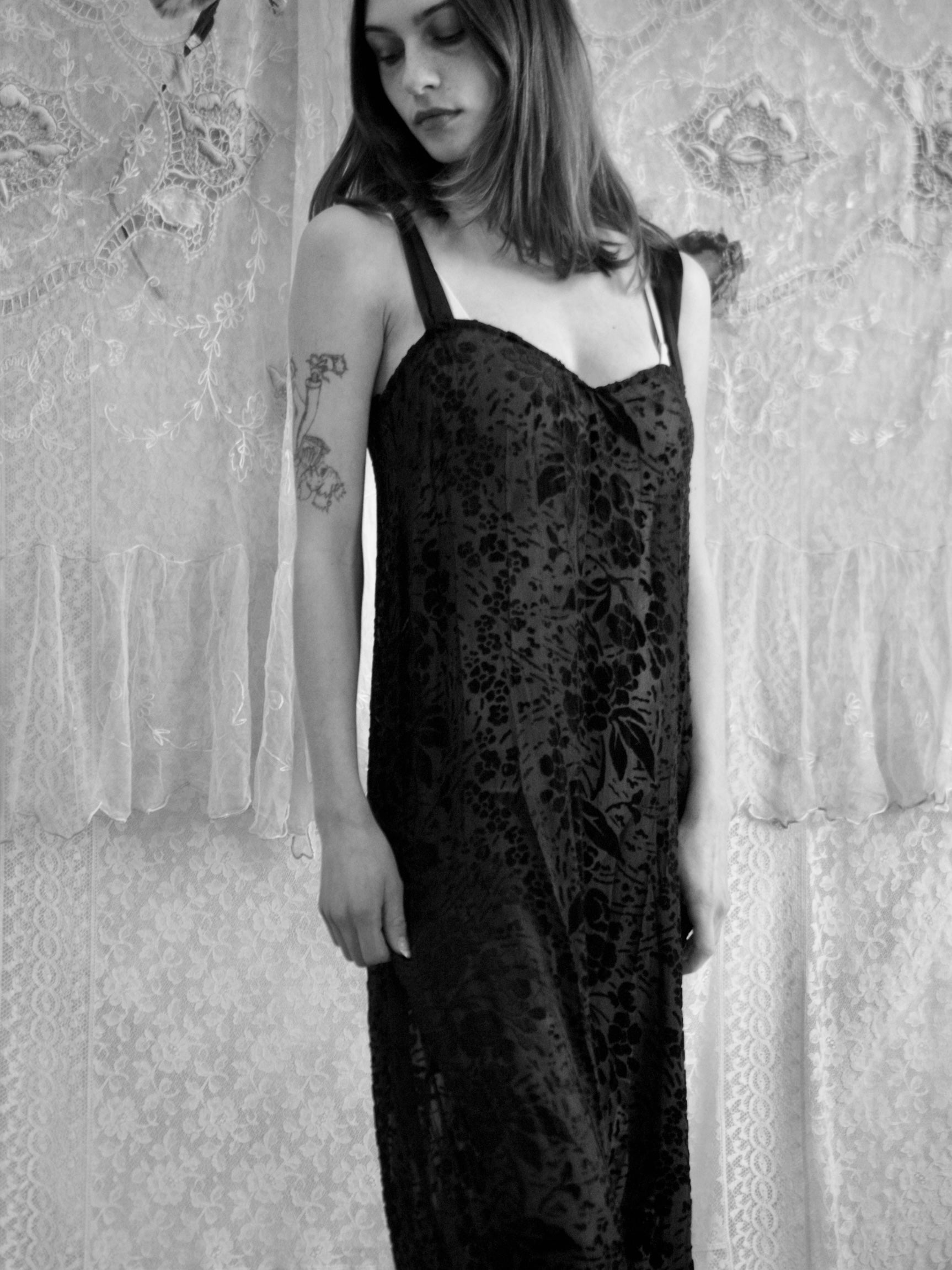 Antique 1920s Ink Devore Velvet Slip Dress Of the Palms Antique 1920s Ink Devore Velvet Slip Dress Of the Palms