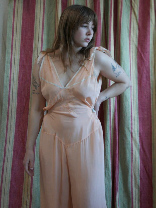 1930s Petal Pink Silk & Baby Blue Trim Tie Shoulder Palazzo Jumpsuit