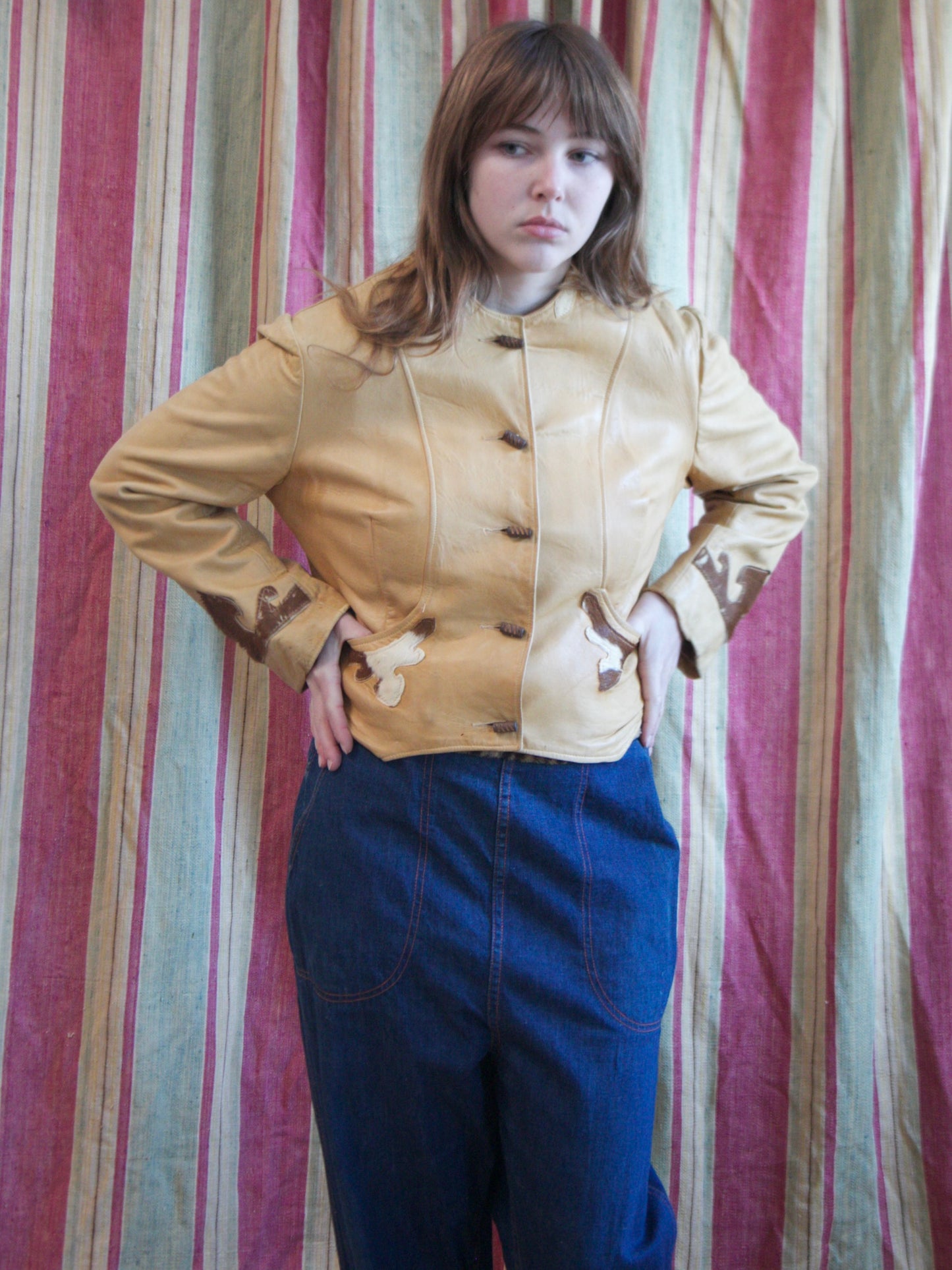 1940s Western Cognac Leather Pony Hair Yoke Jacket