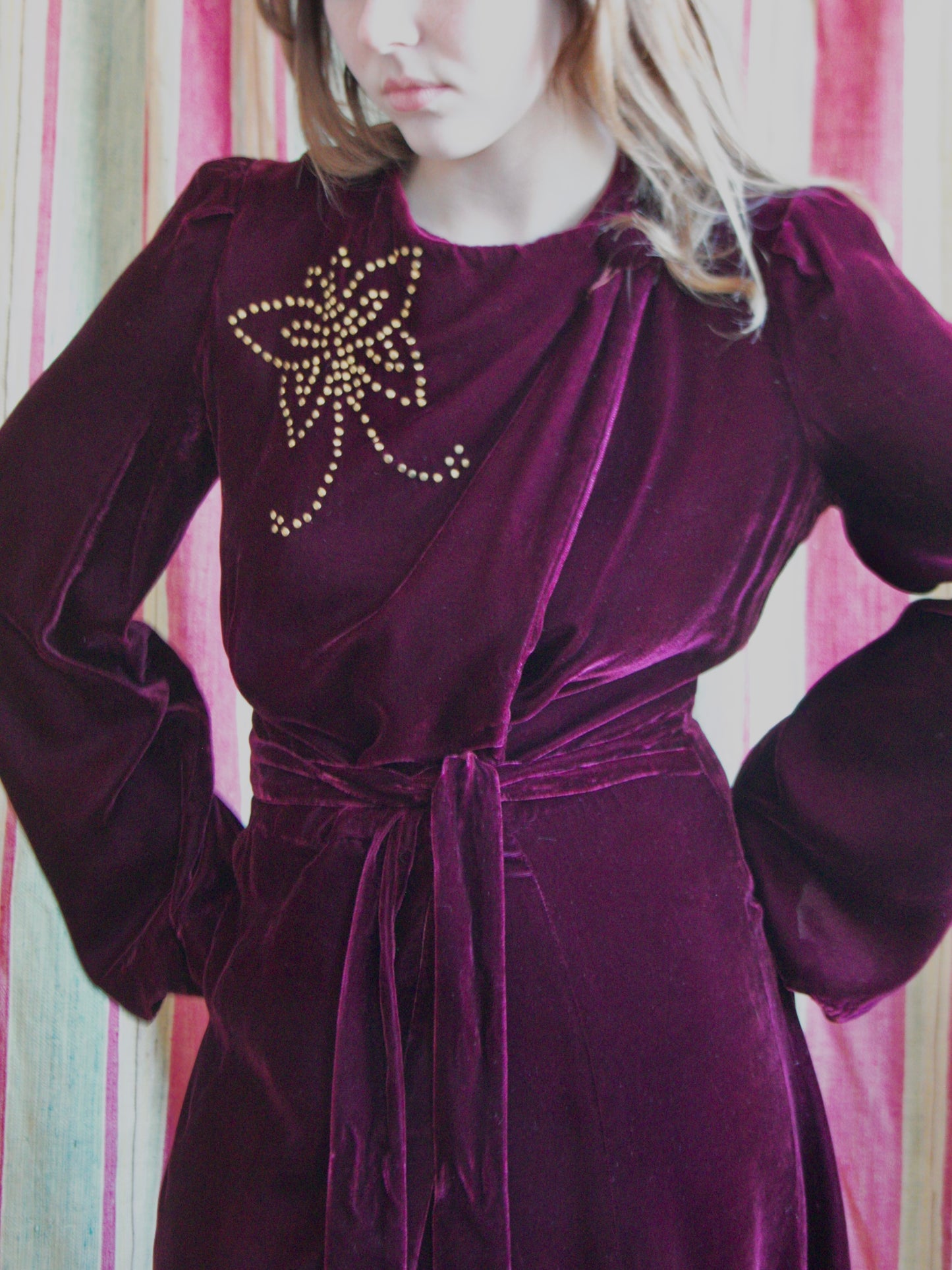 1940s Studded Merlot Velveteen Strong Shoulder Wrap Gown