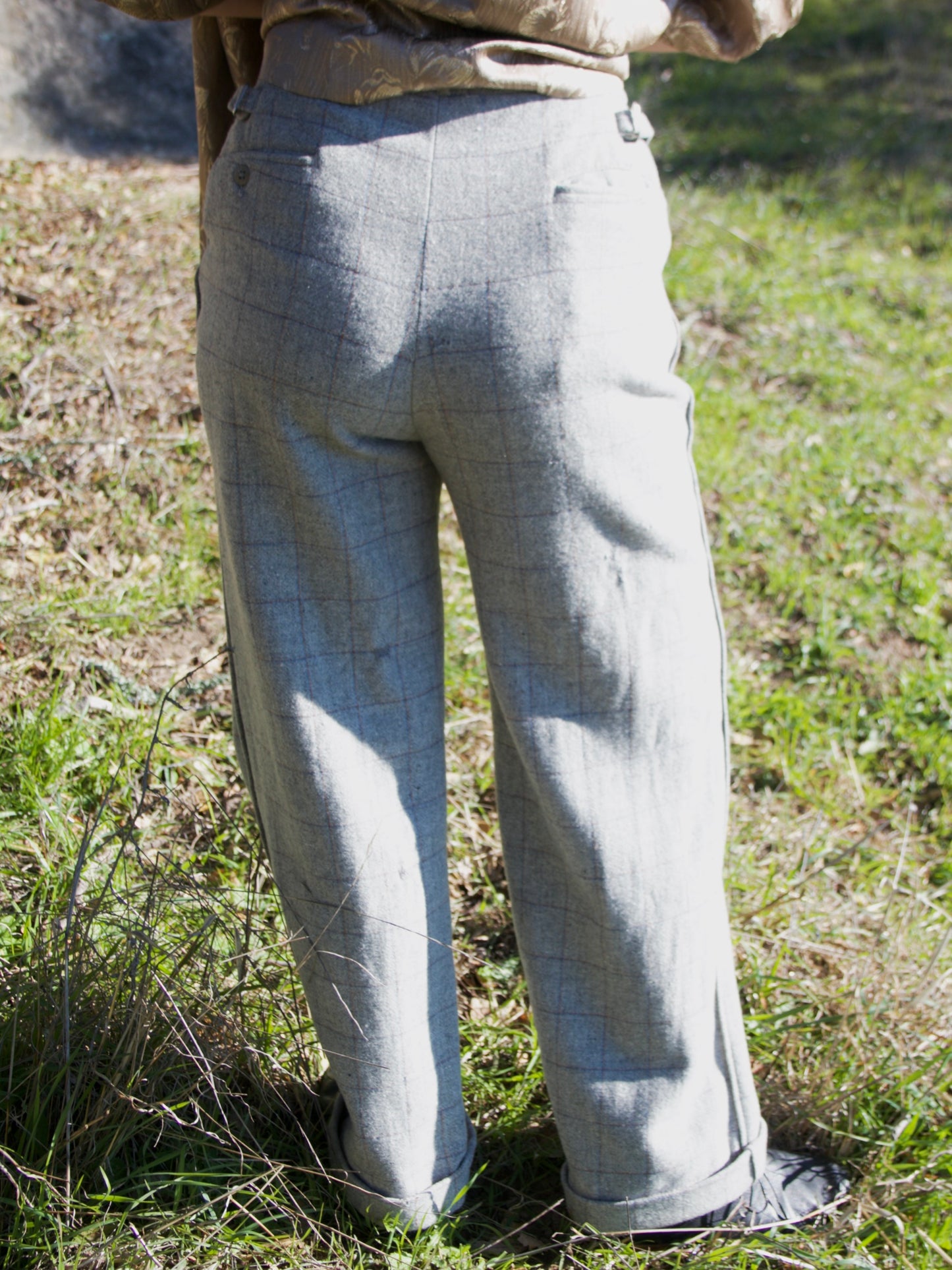 1940s 'Rough Rider' Windowpane Plaid Slate Grey Wool Side Buckle Trousers