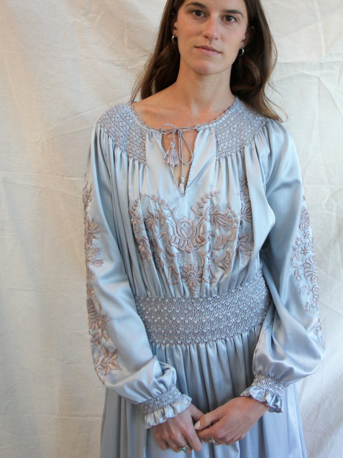 Vintage Icey Blue Silk Satin Hungarian Embroidered Peasant Dress