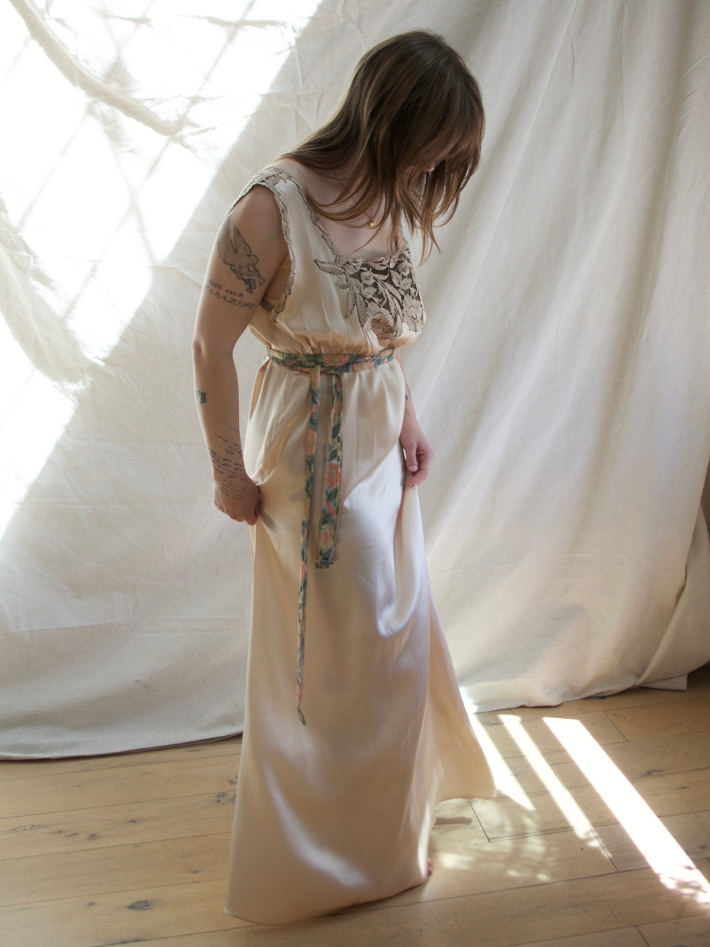 1930s Champagne Silk Inset Lace Low Back Slip Dress