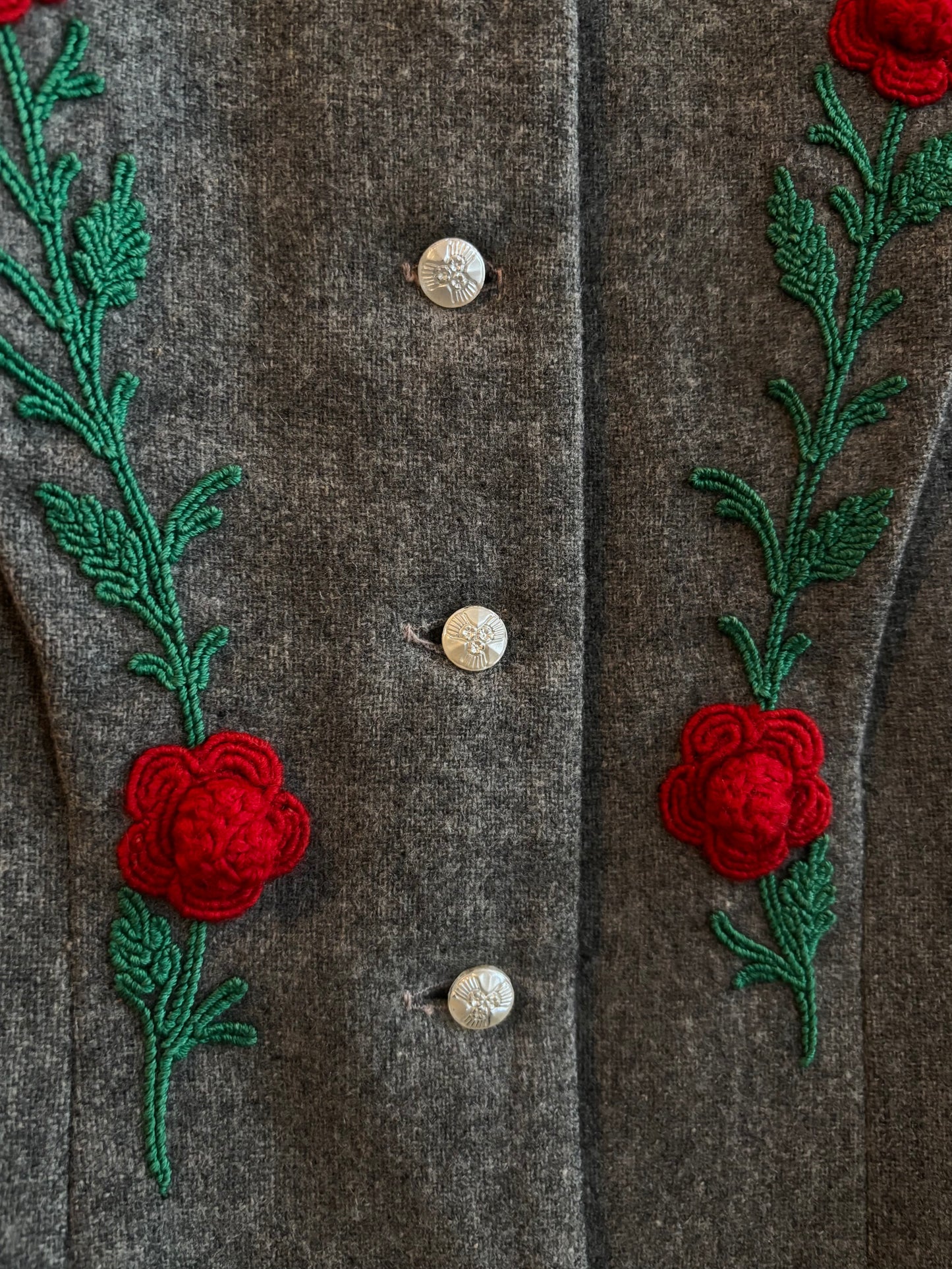 1940s 3D Rose and Embroidered Slate Grey Wool Button Front Dress