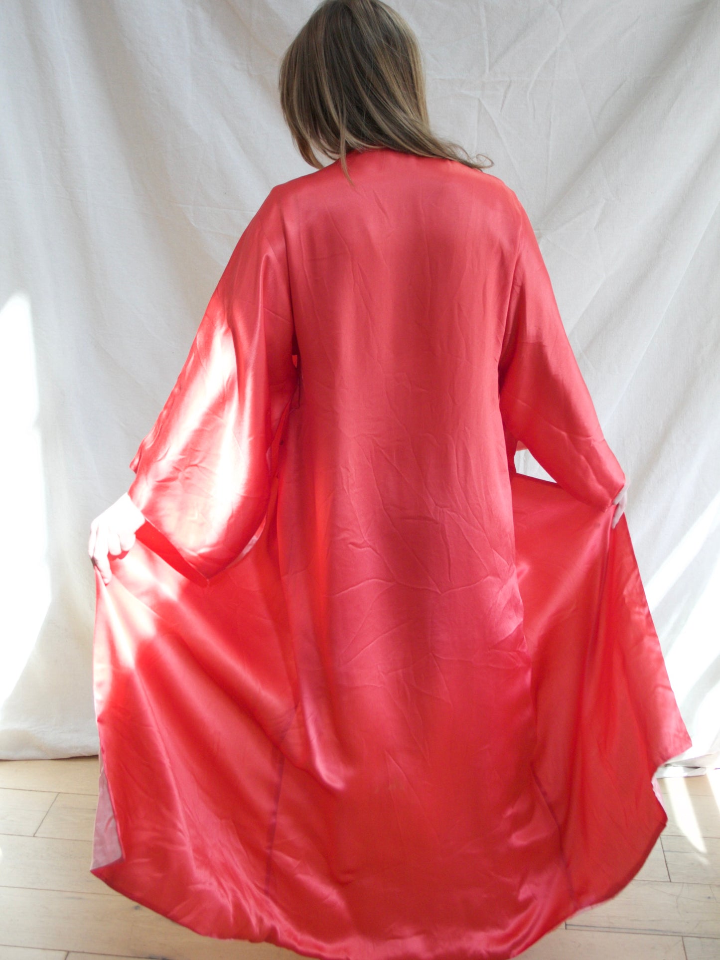 Antique 1920s Day-Glo Neon Coral Kimono Sleeve Silk Frog Closure Robe