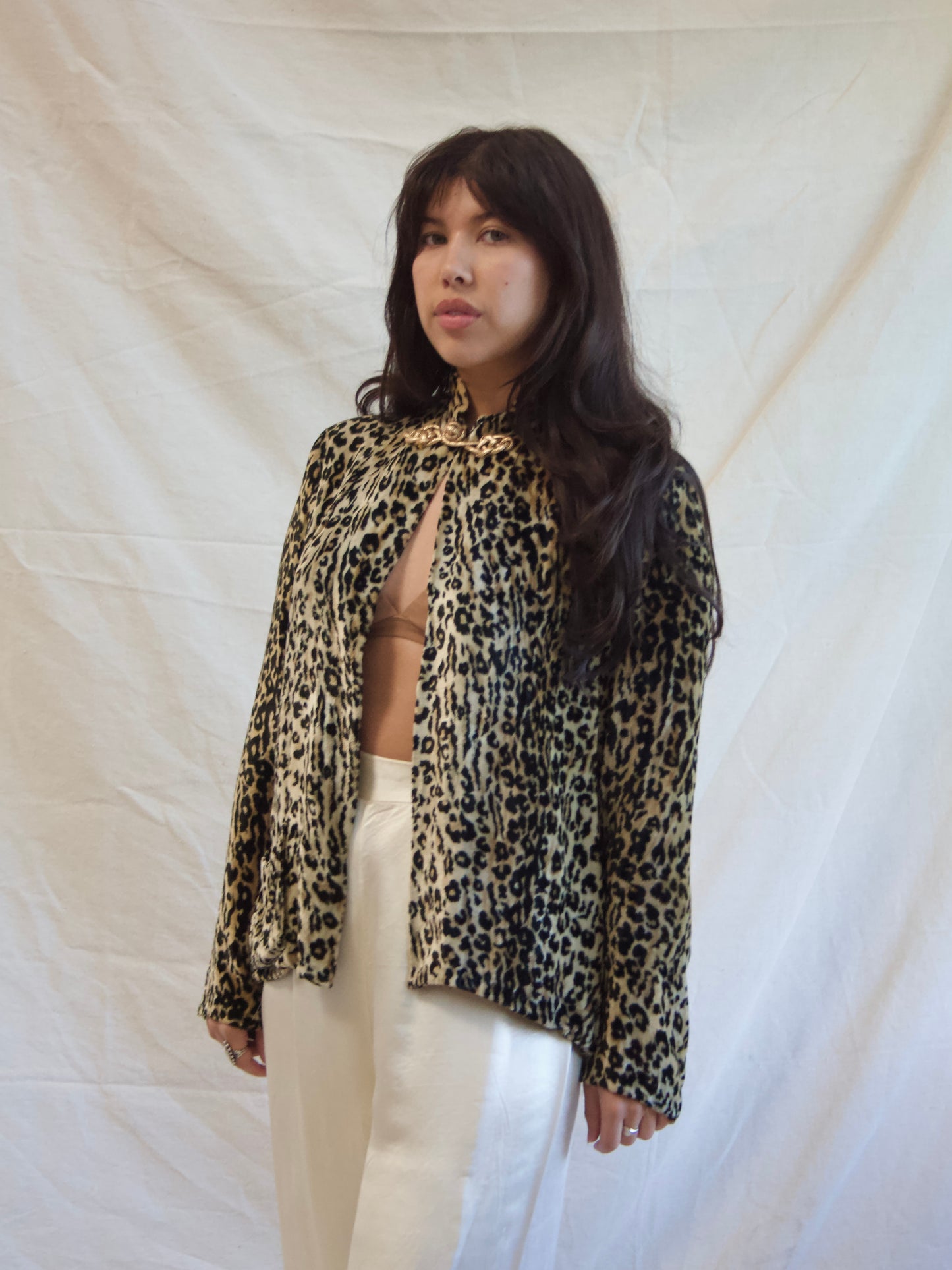 1940s Plush Leopard Print Velvet Mandarine Collar Blouse