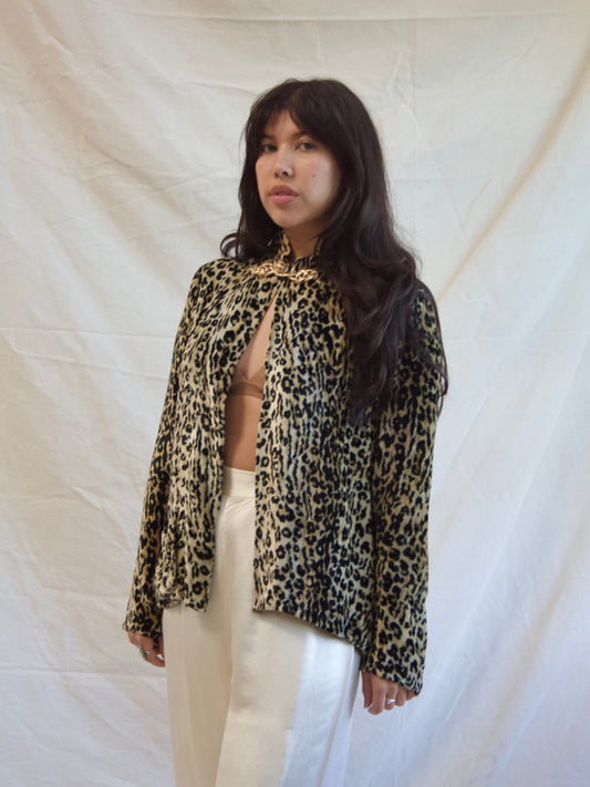 1940s Plush Leopard Print Velvet Mandarine Collar Blouse