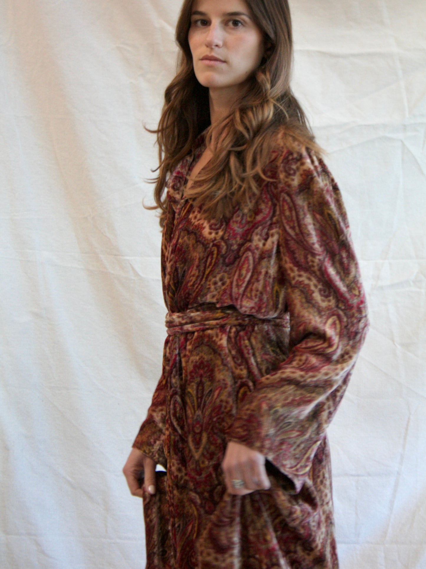 1930s Zip Front Paisley Silk Velvet Bell Sleeve Dressing Gown