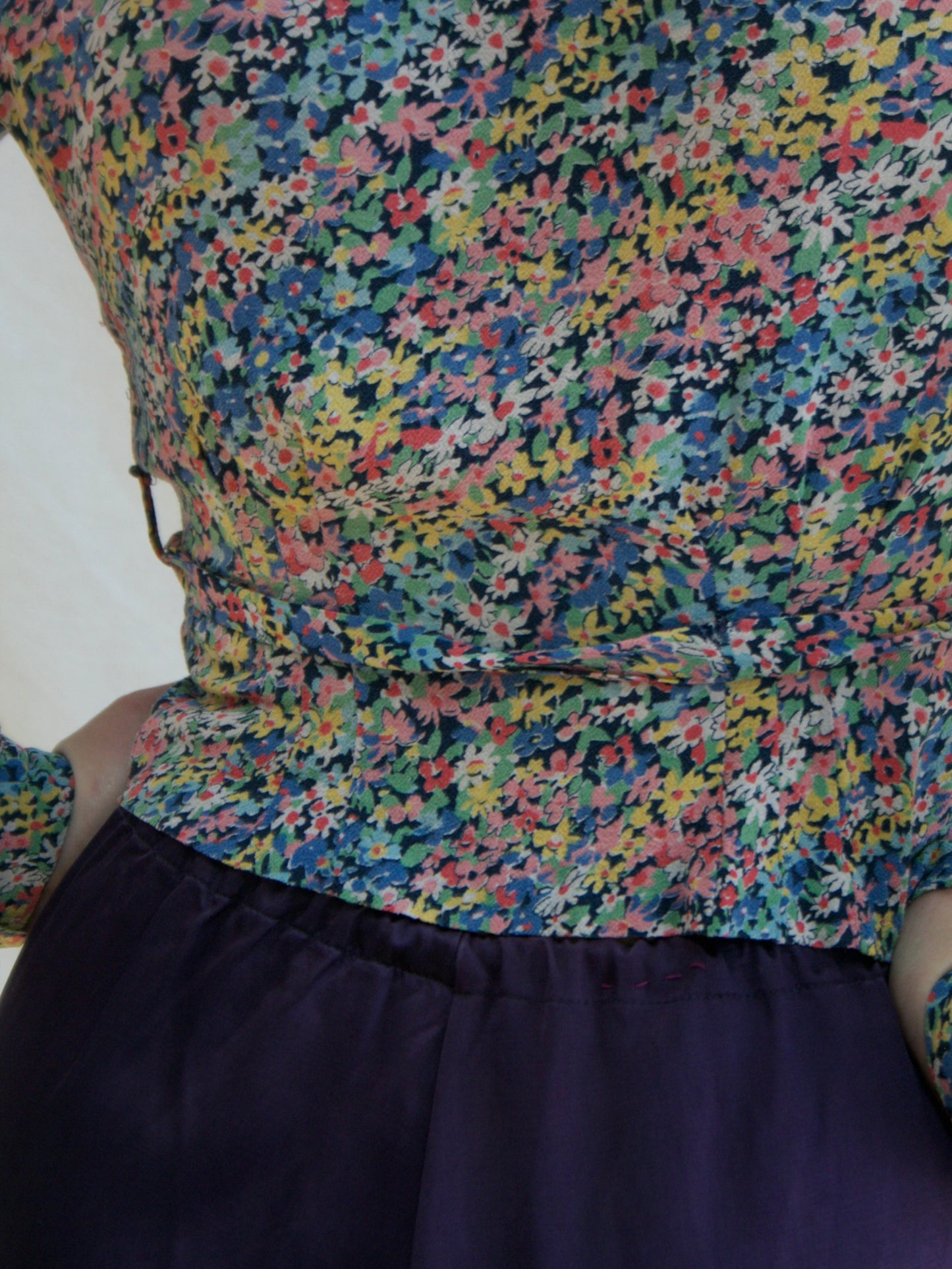1930s Micro Floral Belted Rayon Crepe Cropped Blouse