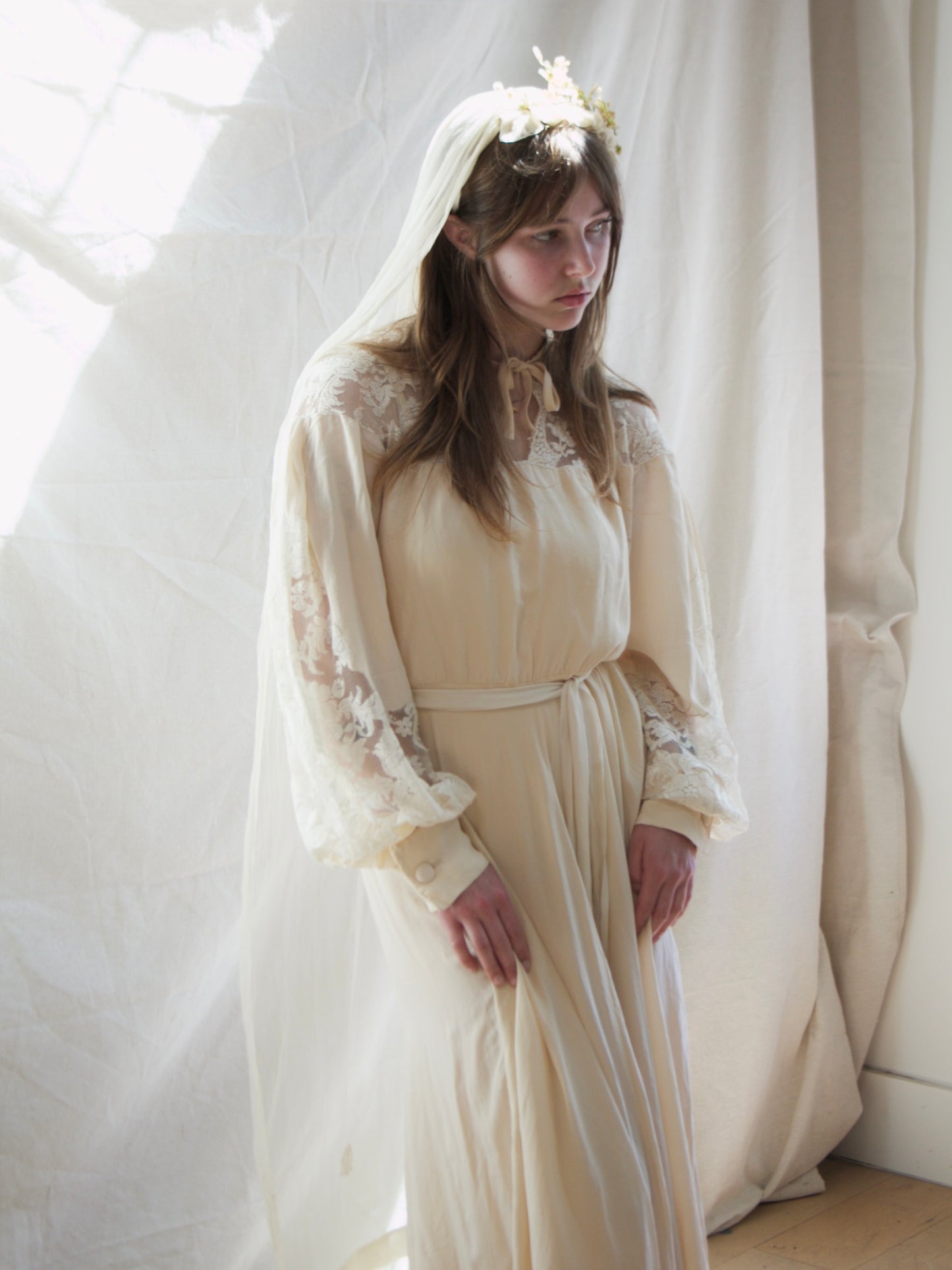 Antique Edwardian Wax Flower Crown Chiffon Applique Bridal Veil