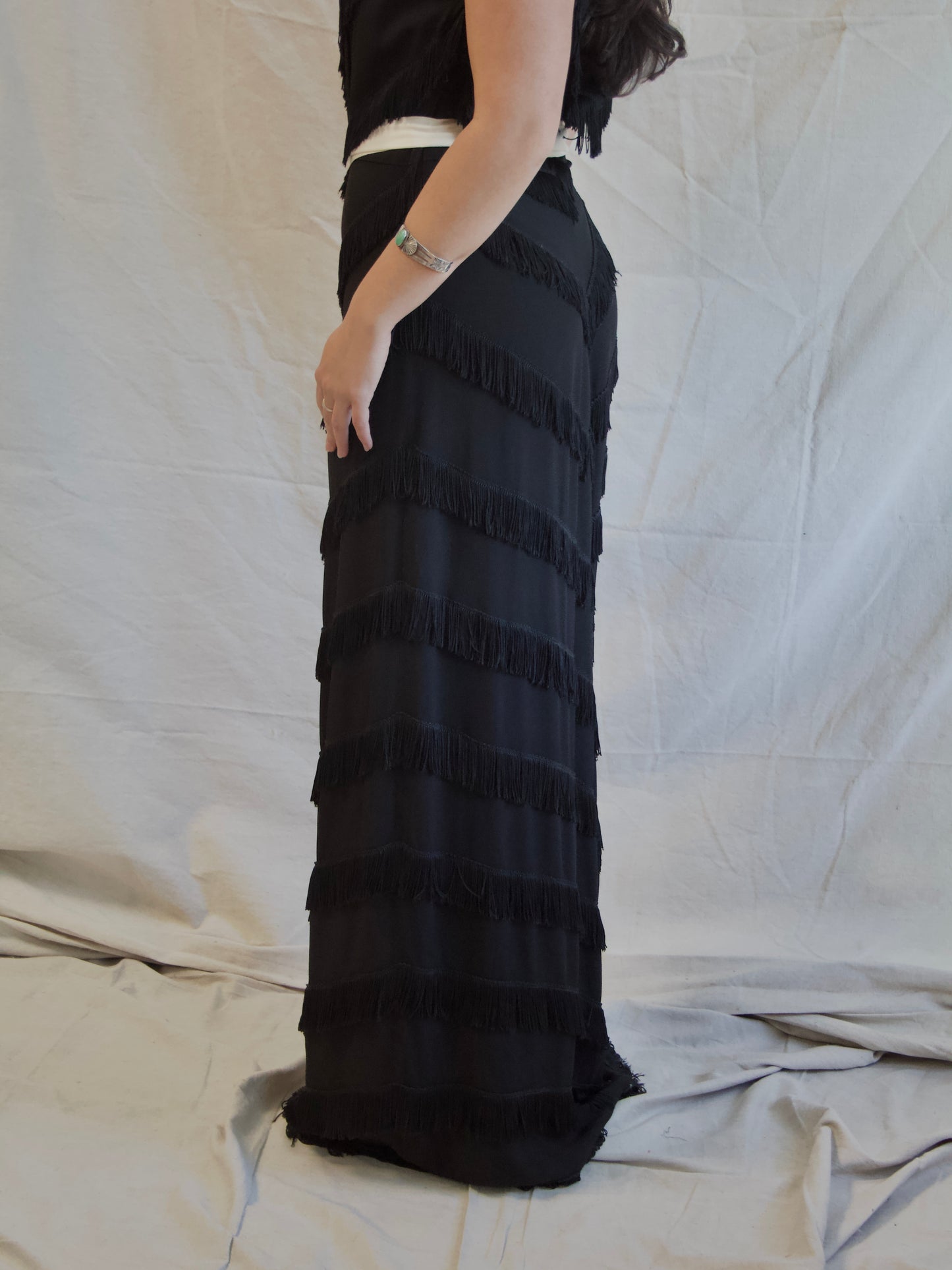 1940s Rayon Crepe Fringe Trained Gown