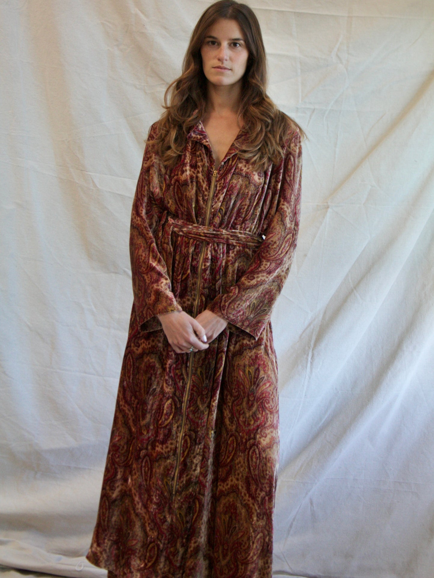 1930s Zip Front Paisley Silk Velvet Bell Sleeve Dressing Gown