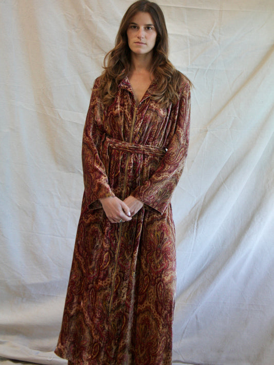 1930s Zip Front Paisley Silk Velvet Bell Sleeve Dressing Gown
