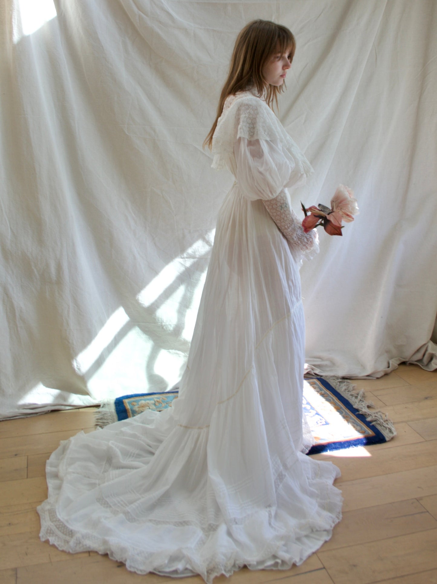 Antique Turn Of The Century Batiste Cotton Inset Lace Trained Mutton Gown