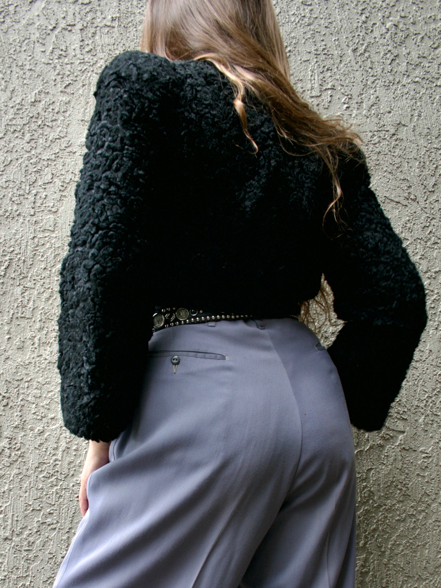 1940s Curly Lamb Cropped Strong Shoulder Jacket