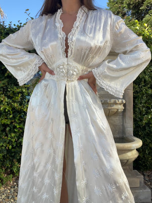 1940s Bridal Slipper Satin Bell Sleeve Embroidered Peignoir Dress