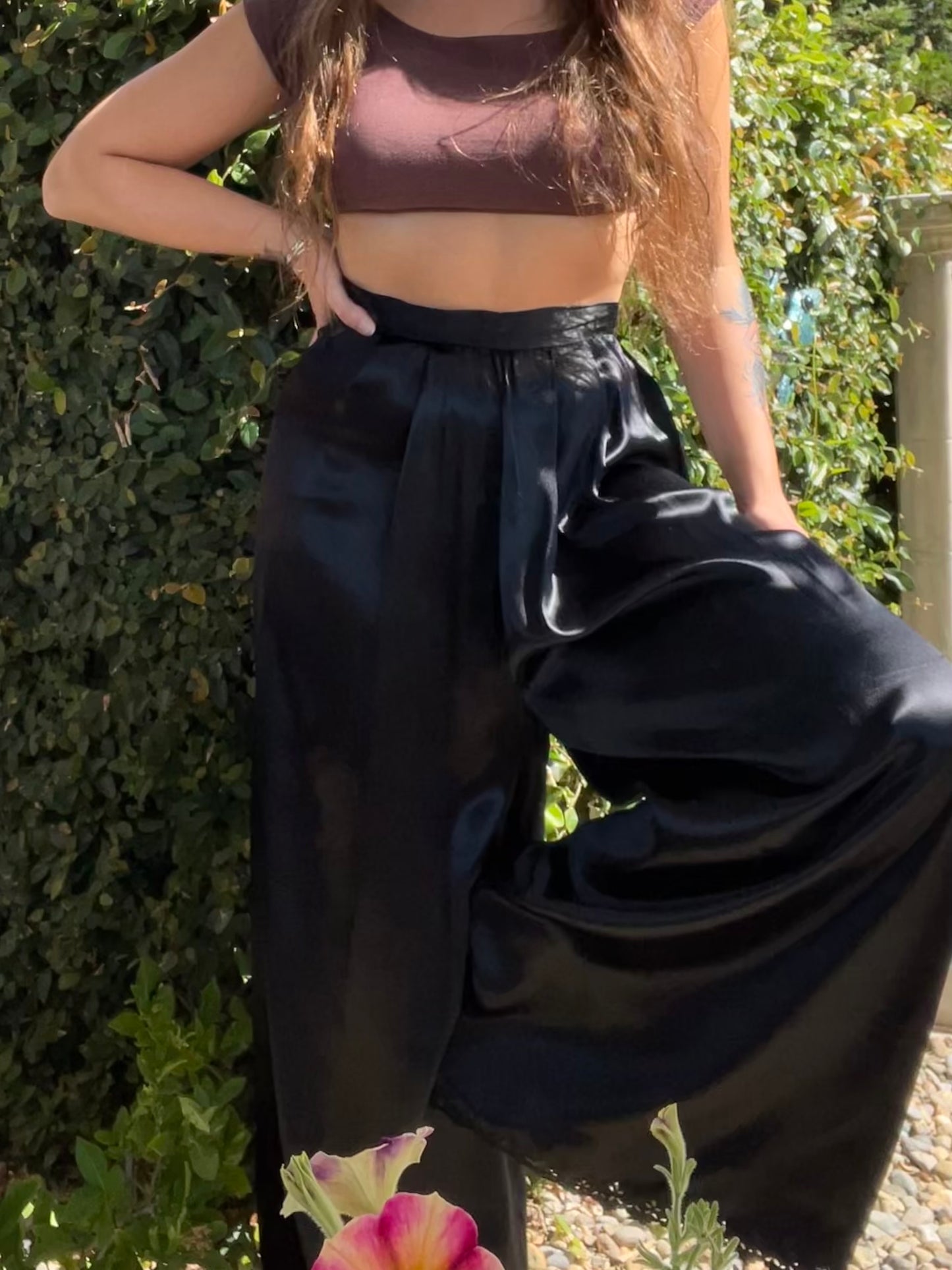 1940s Noir Satin Side Snap Wide Leg Eyelet Border Palazzo Pants