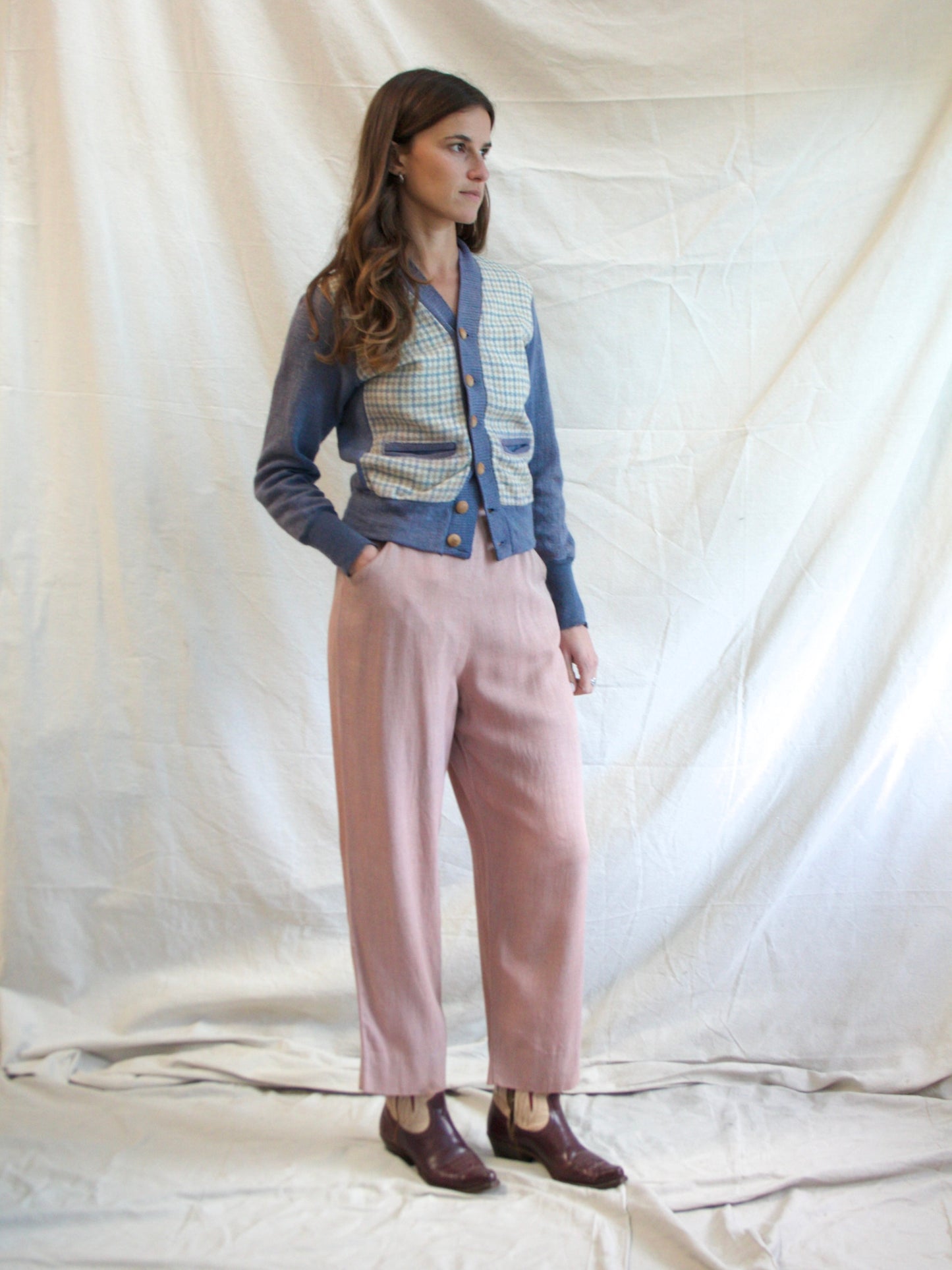 1940s 'Nu-Knit' Houndstooth Two Tone Wool Button Front Cardigan