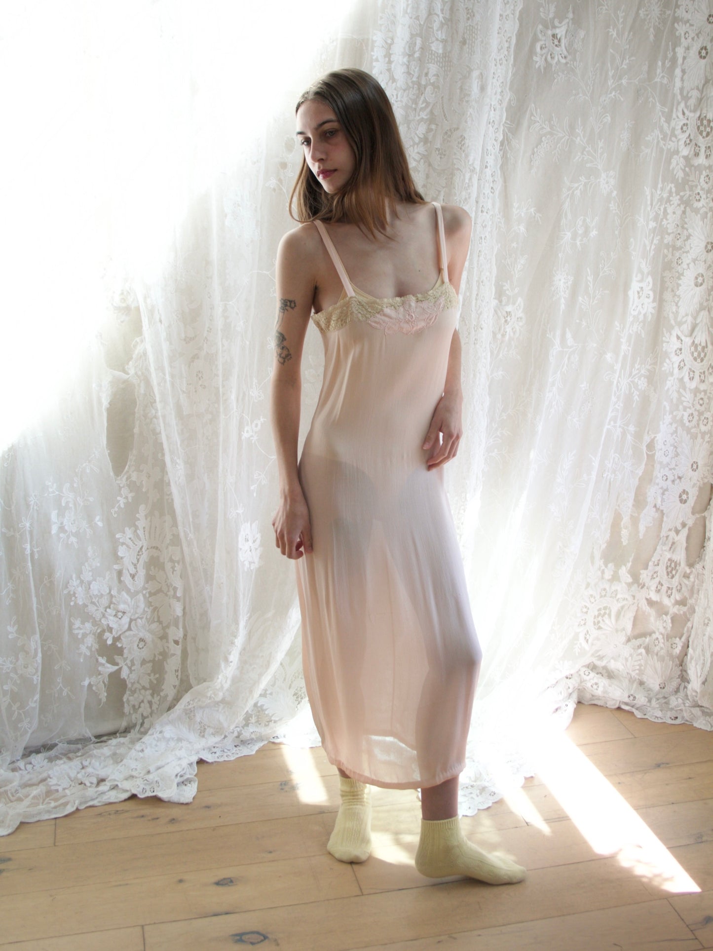 Antique 1920s Silk Crepe Blush Appliquè Slip Dress