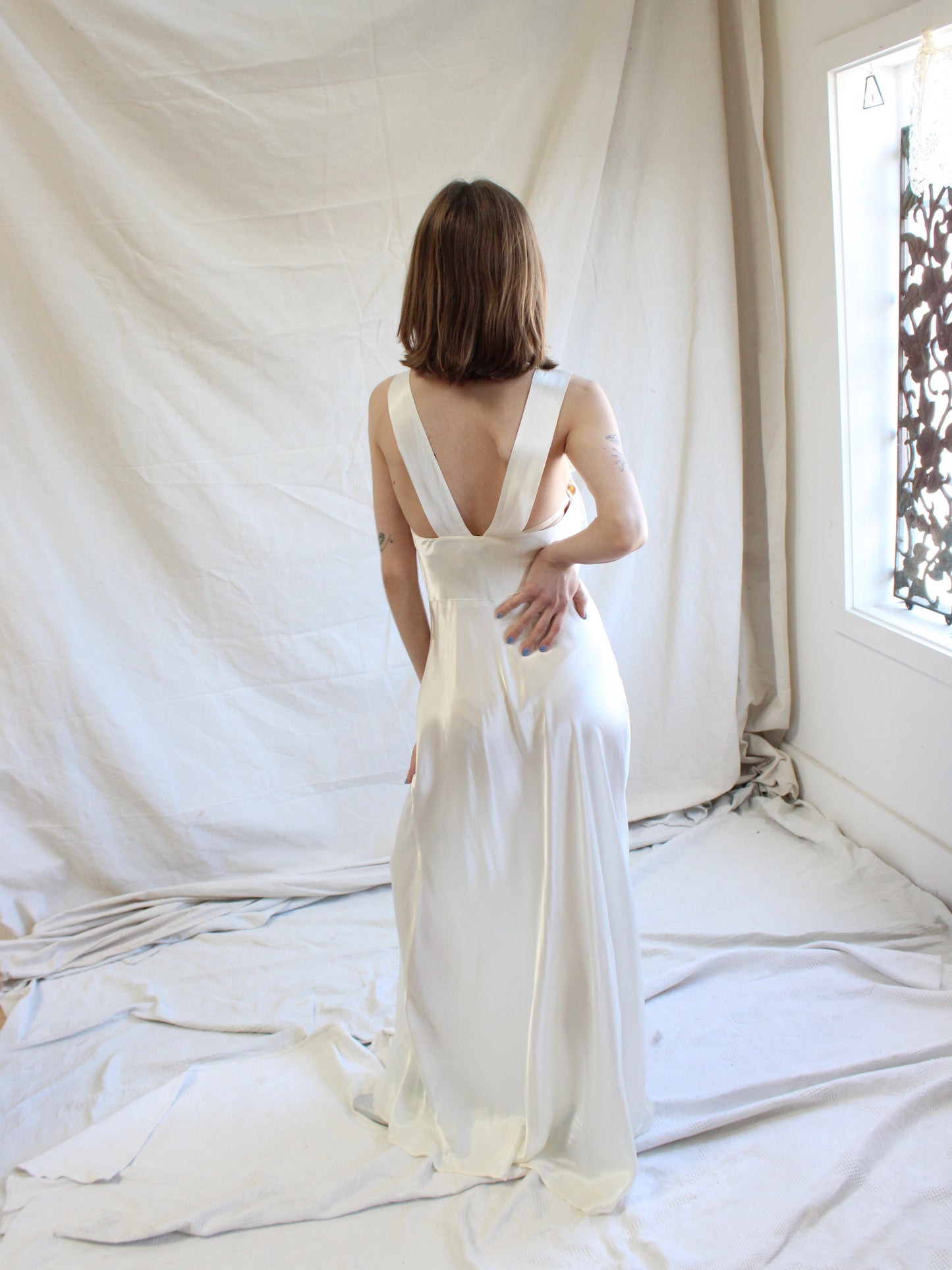1940s Lace & Ivory Liquid Satin Ruffle Trim Bias Cut Slip Dres