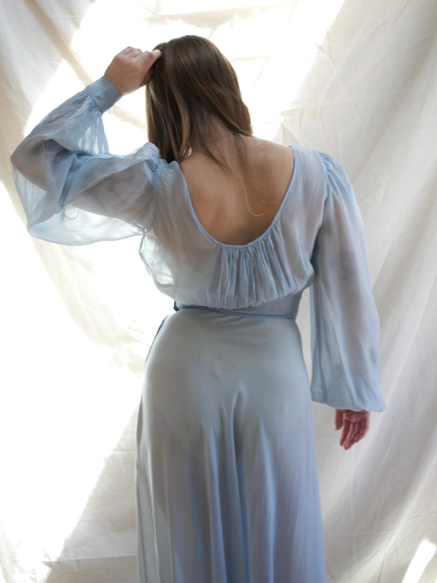 1930s Balloon Sleeve Baby Blue Sheer Gown