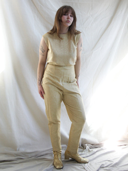 1950s Gold Lurex Two Piece Cigarette Pant Set