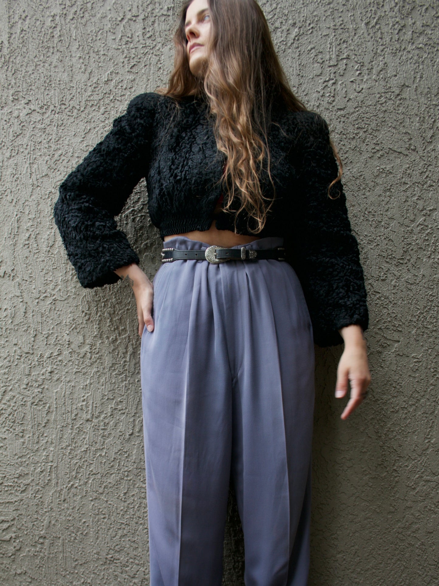 1940s Curly Lamb Cropped Strong Shoulder Jacket