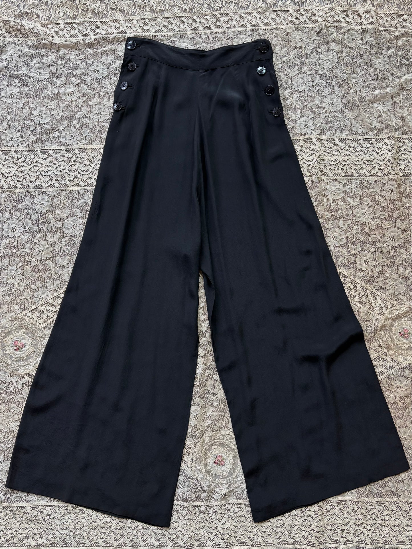1930s Fall Front Inky Black Silk Palazzo Pants