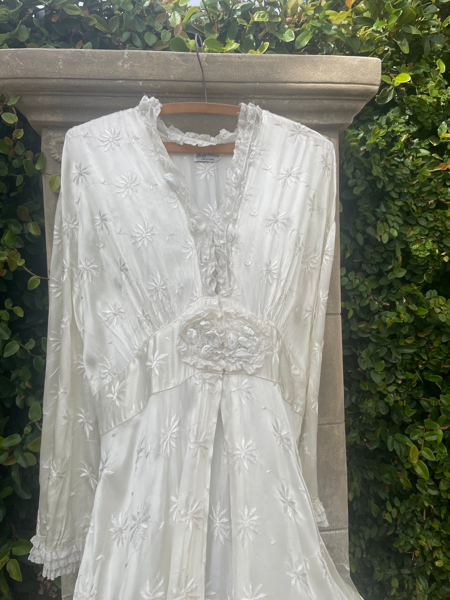 1940s Bridal Slipper Satin Bell Sleeve Embroidered Peignoir Dress