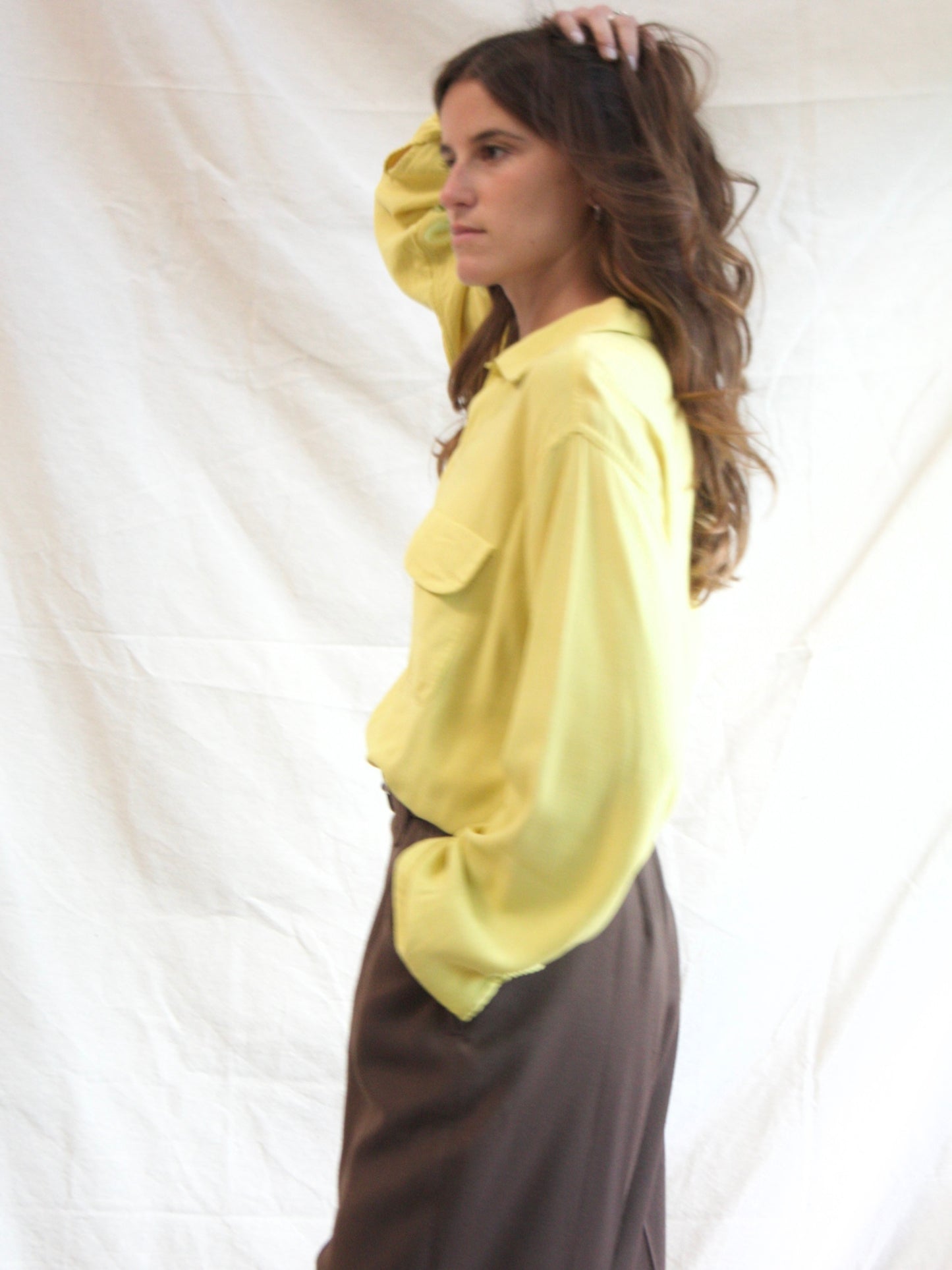 Rare 1950s Vibrant Chartreuse Smocked Gaucho Loop Collar Shirt