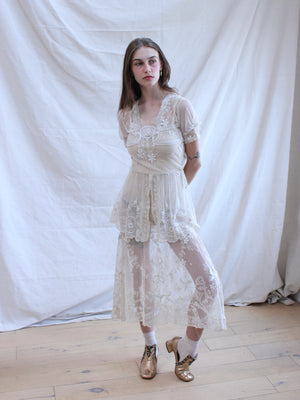 Antique Embroidered Tambour Lace Net Overlay Tea Length Gown