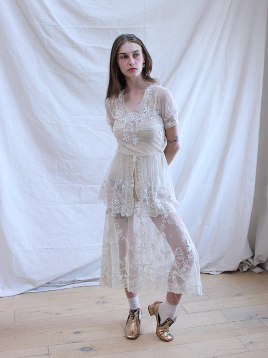 Antique Embroidered Tambour Lace Net Overlay Tea Length Gown