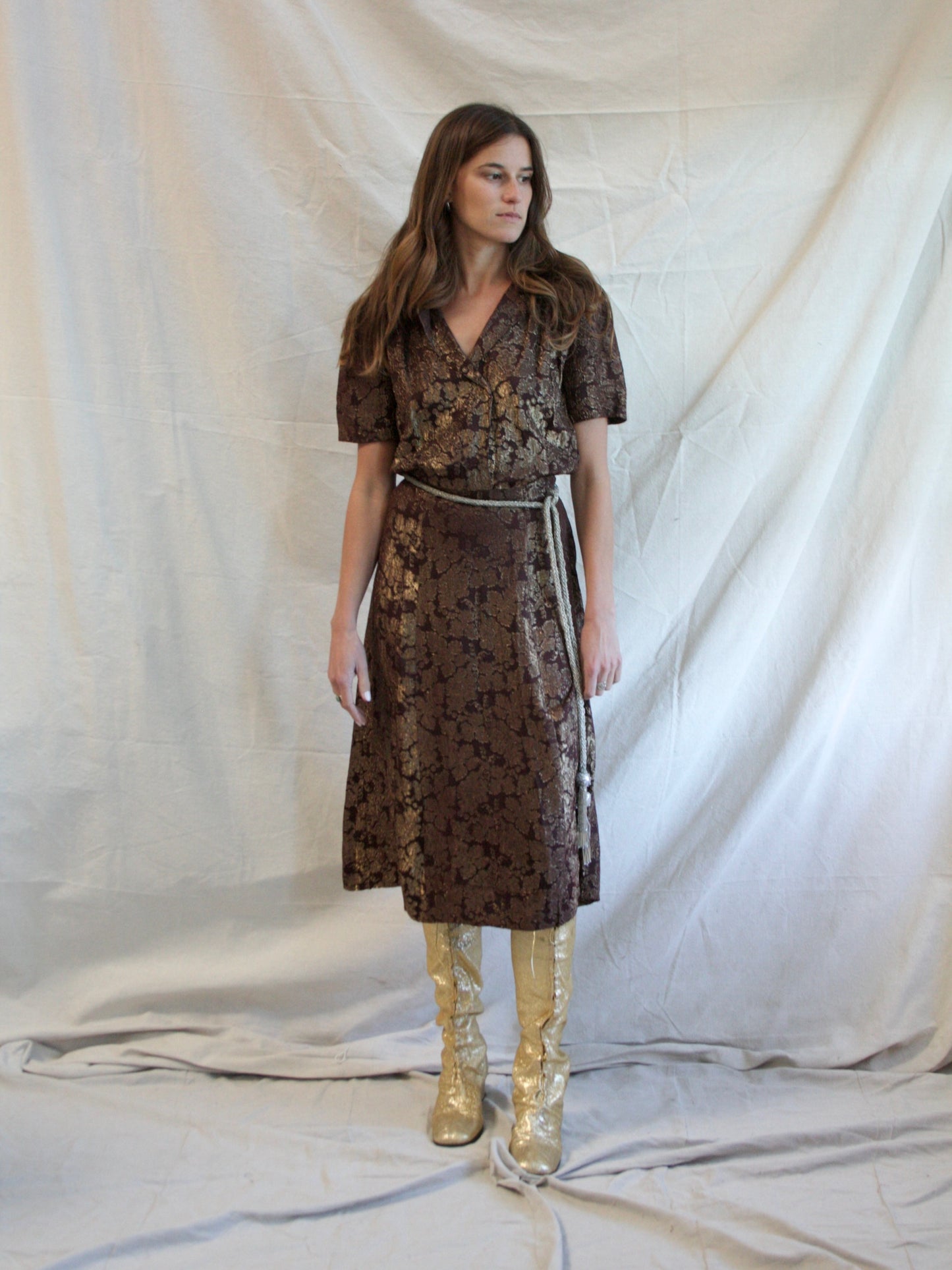 1940s Puff Sleeve Chocolate & Gold Lamé Dress