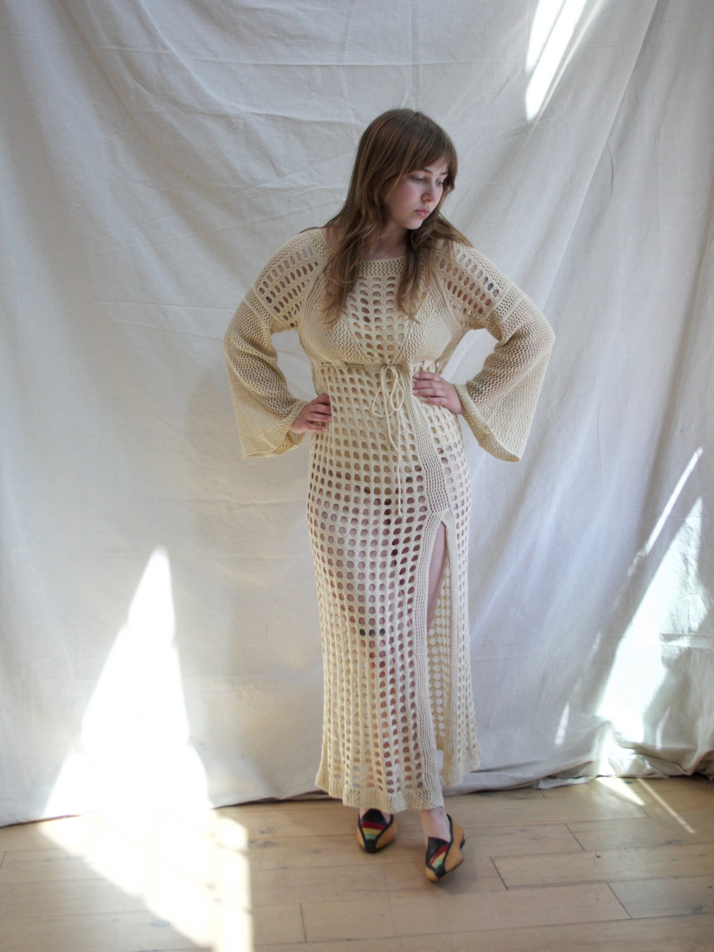 1970s Soft Cotton Bell Sleeve Open Knit Cover Up Dress