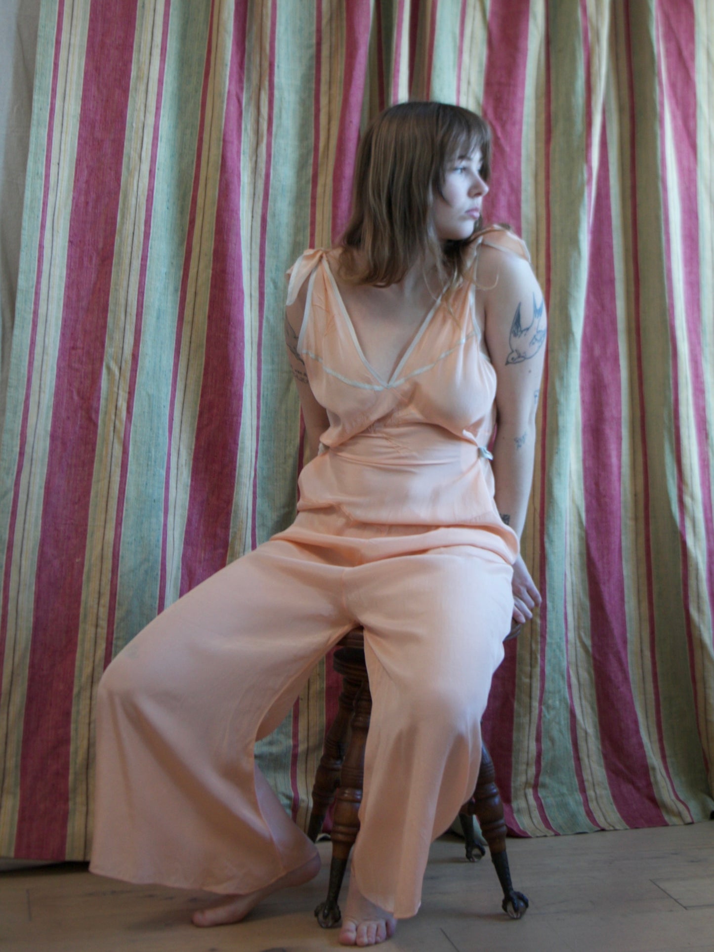 1930s Petal Pink Silk & Baby Blue Trim Tie Shoulder Palazzo Jumpsuit