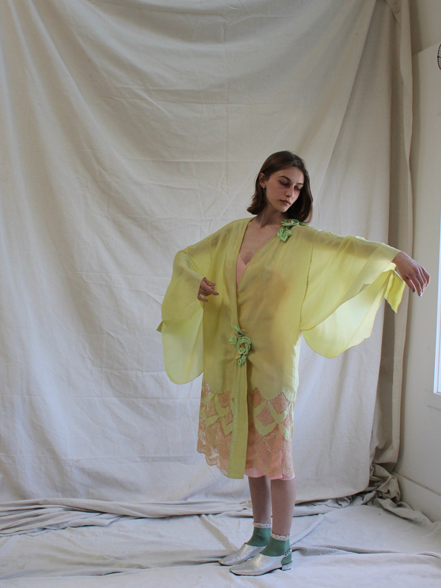 Antique 1920s Vibrant Chartreuse Silk Ribbon-work Kimono Sleeve Boudoir Robe