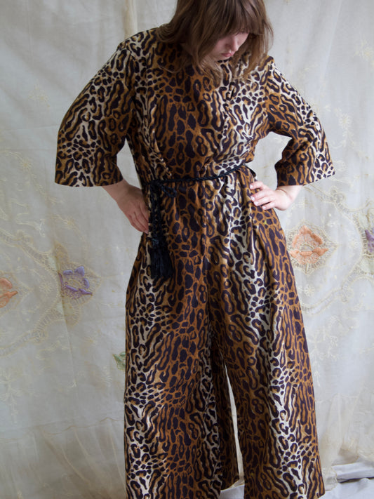 1950s Cheetah Print Plush Palazzo Pant Zip Front Lounge Jumpsuit