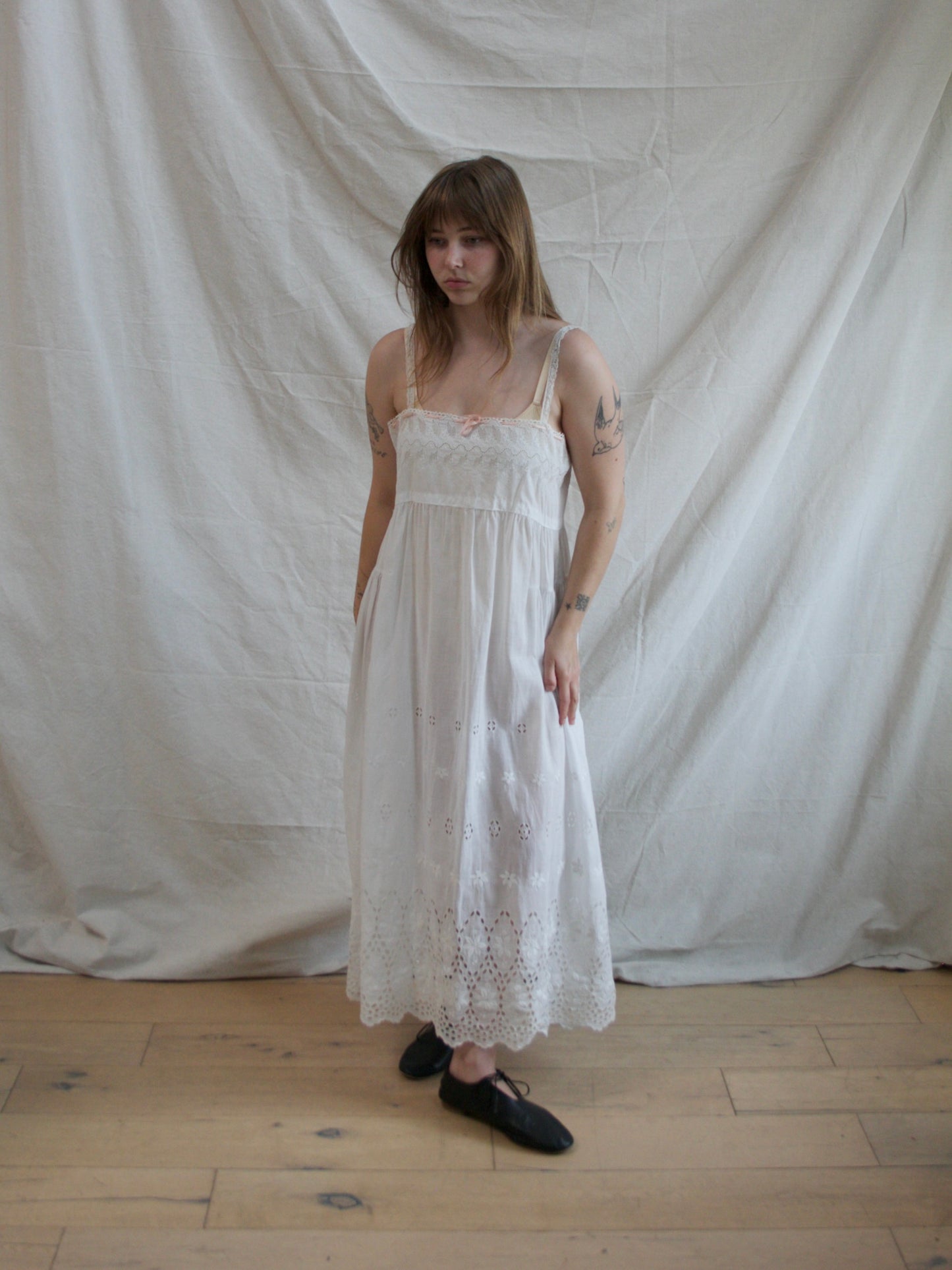 Antique Broderie Anglaise Silk Ribbon Tie Cotton Chemise